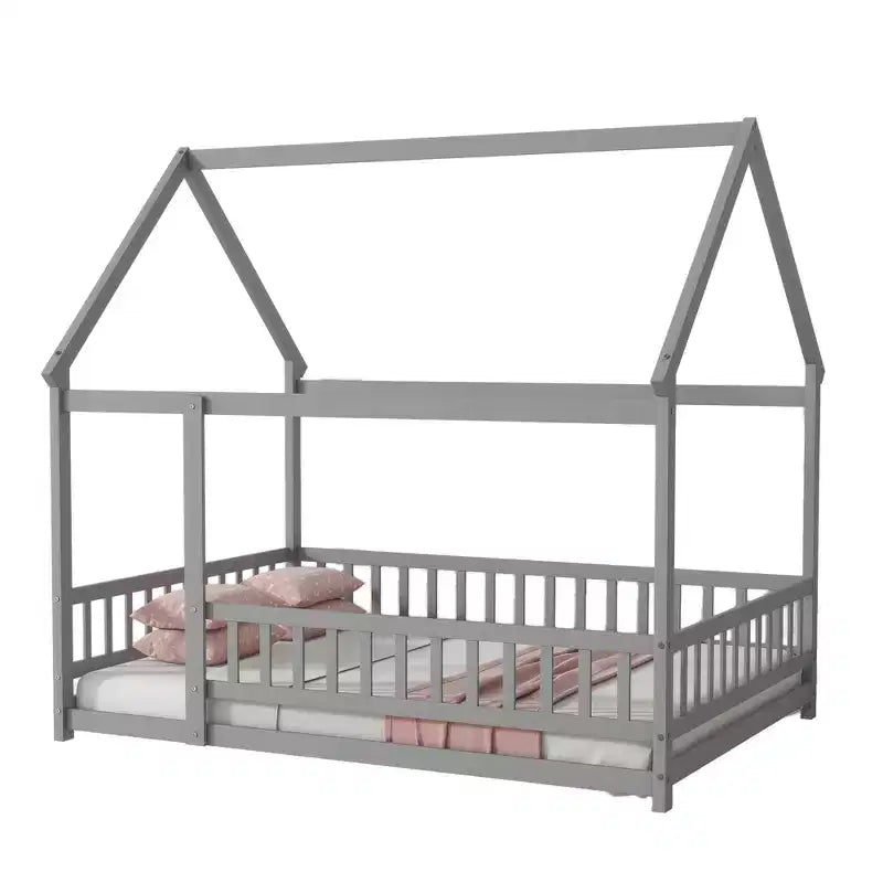 Letto a capanna a grandezza naturale con tetto, sponde di sicurezza, letto a capanna in legno con recinzione, non è richiesta la rete a doghe
