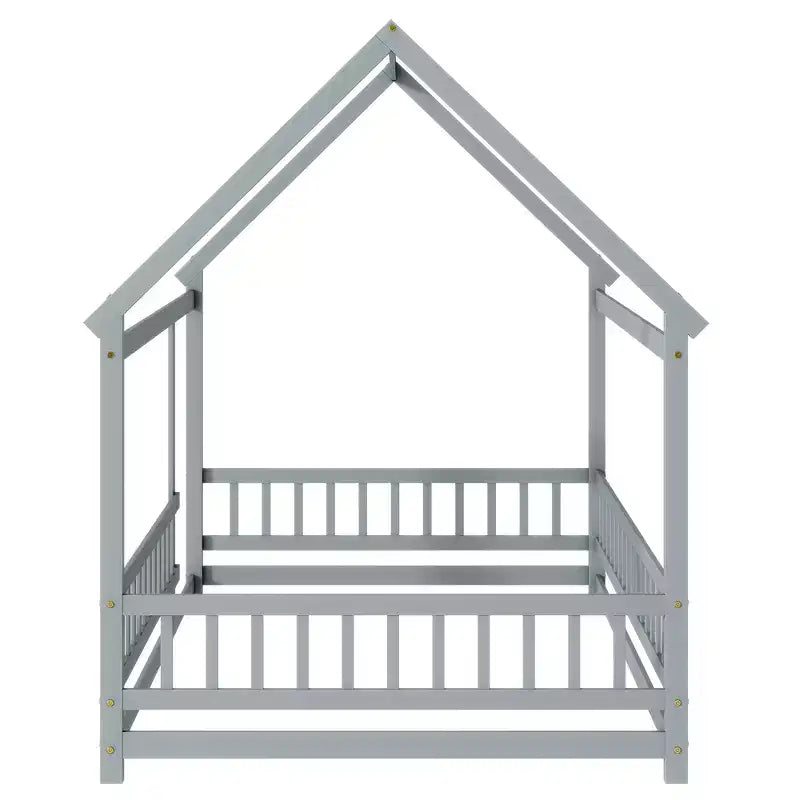 Letto a capanna a grandezza naturale con tetto, sponde di sicurezza, letto a capanna in legno con recinzione, non è richiesta la rete a doghe