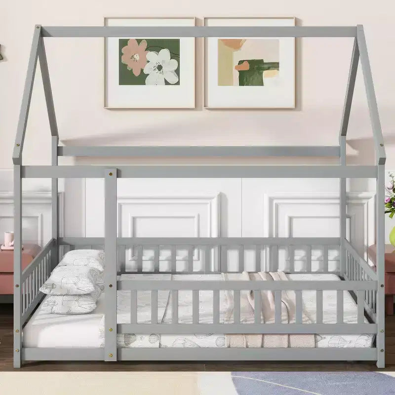 Bellemave Full Size House Floor Bed with Roof FrameSafety Guardrails,Wooden House Floor Bed with FenceBox Spring Not Required