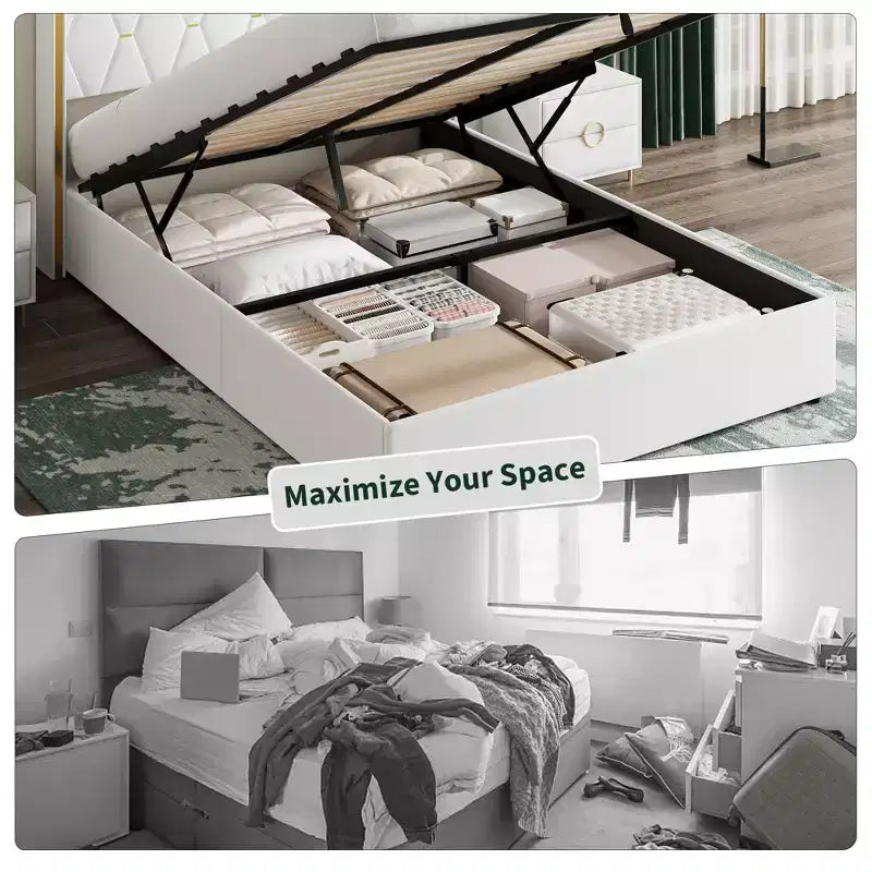 Letto matrimoniale contenitore con sollevamento in velluto, contenitore idraulico sottostante, letto imbottito a piattaforma, supporto con doghe in legno, non necessita di rete a molle