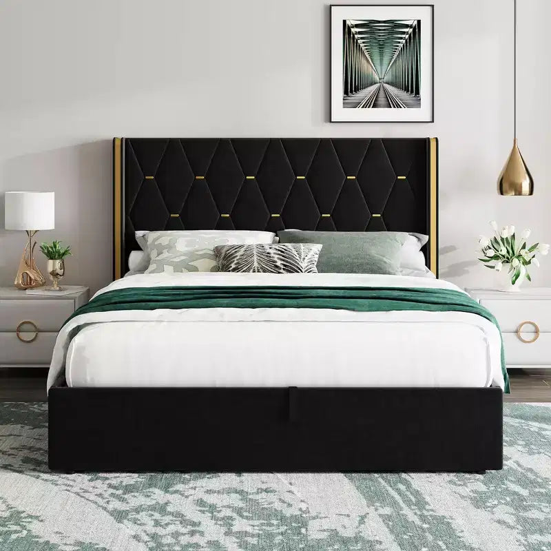 Letto matrimoniale contenitore con sollevamento in velluto, contenitore idraulico sottostante, letto imbottito a piattaforma, supporto con doghe in legno, non necessita di rete a molle