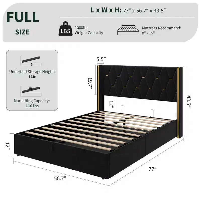 Letto matrimoniale contenitore con sollevamento in velluto, contenitore idraulico sottostante, letto imbottito a piattaforma, supporto con doghe in legno, non necessita di rete a molle