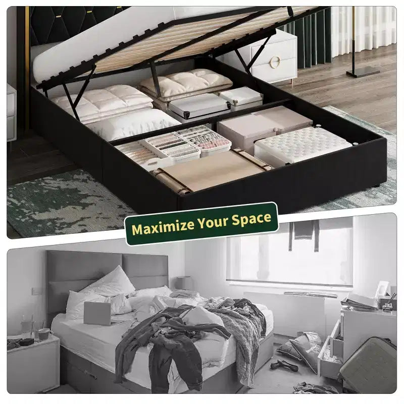 Letto matrimoniale contenitore con sollevamento in velluto, contenitore idraulico sottostante, letto imbottito a piattaforma, supporto con doghe in legno, non necessita di rete a molle