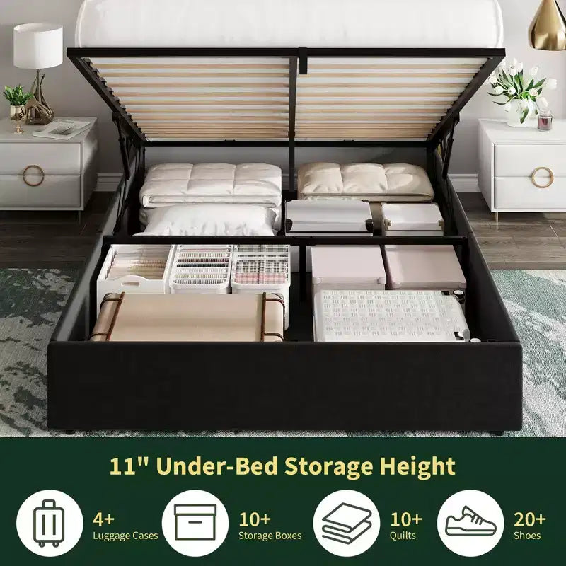 Letto matrimoniale contenitore con sollevamento in velluto, contenitore idraulico sottostante, letto imbottito a piattaforma, supporto con doghe in legno, non necessita di rete a molle