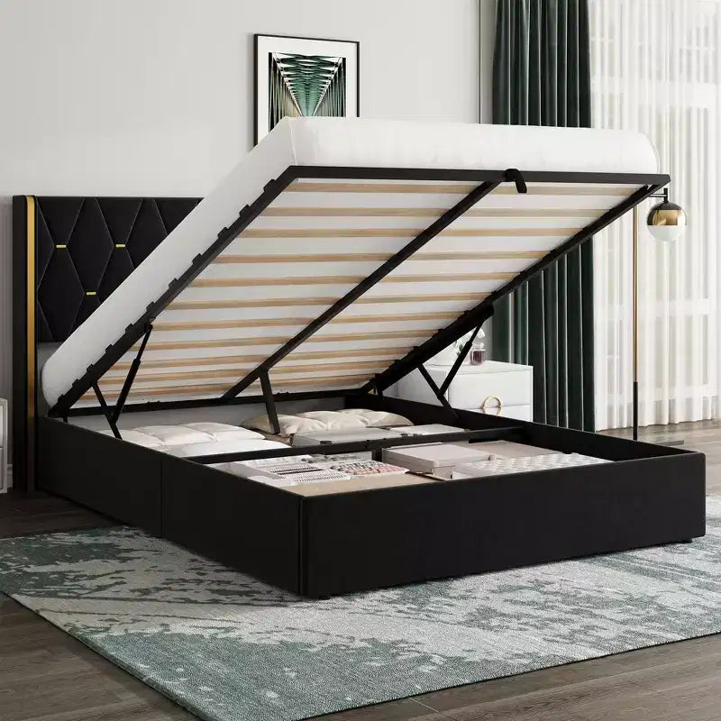 Queen Size Velvet Lift Up Storage Bed Frame, Hydrualic Underneath Storage, Upholstered Platform Bed, Wooden Slats Support, No Box Spring Needed