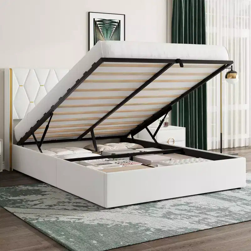 Letto matrimoniale contenitore con sollevamento in velluto, contenitore idraulico sottostante, letto imbottito a piattaforma, supporto con doghe in legno, non necessita di rete a molle