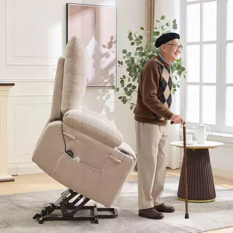Poltrona reclinabile Power Lift, poltrona reclinabile elettrica massaggiante e riscaldante con funzione alzata assistita a 45°, con morbida imbottitura, tasca laterale e portabicchieri