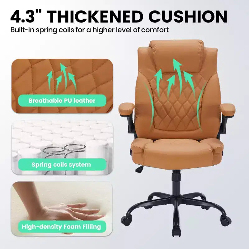 Sedia da Ufficio in Pelle 350 LBS, Sedia da Scrivania Direzionale Ergonomica con Schienale Alto, Ruote Girevoli a 360°, Supporto Lombare, Braccioli Ribaltabili, per Casa, Ufficio