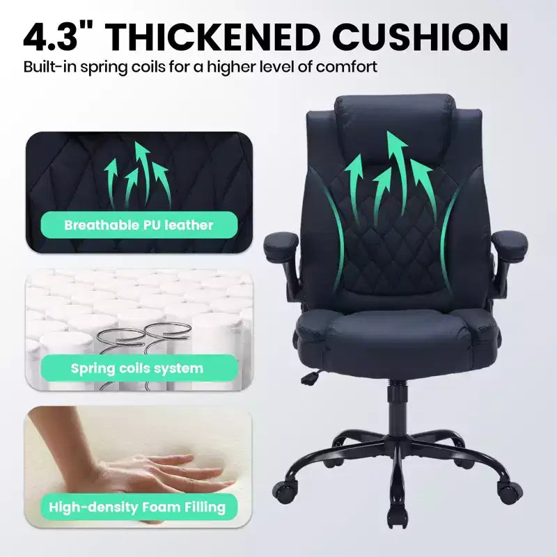 Sedia da Ufficio in Pelle 350 LBS, Sedia da Scrivania Direzionale Ergonomica con Schienale Alto, Ruote Girevoli a 360°, Supporto Lombare, Braccioli Ribaltabili, per Casa, Ufficio