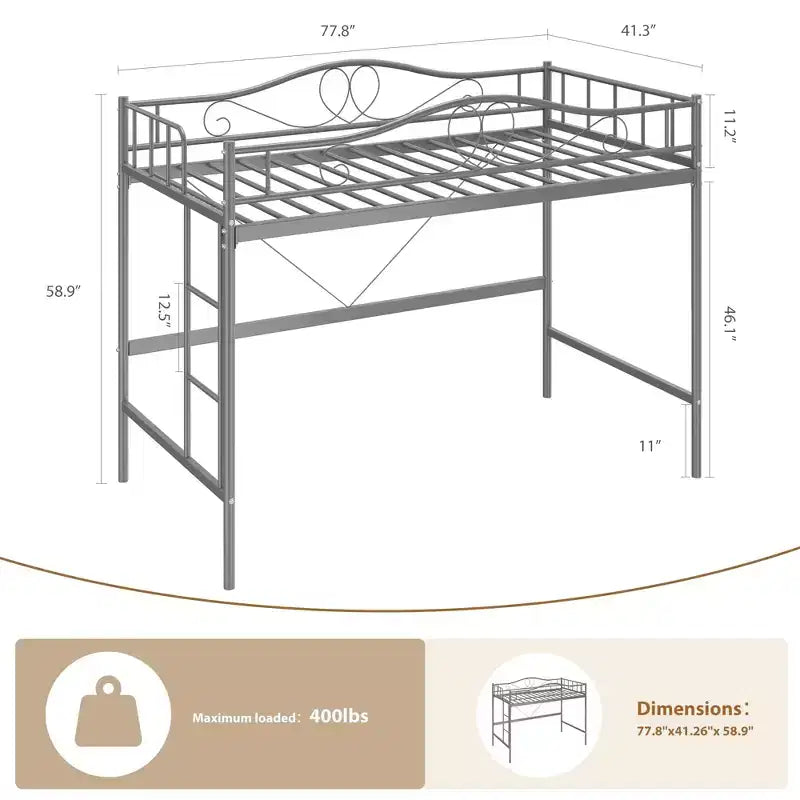 Letto singolo a soppalco  Robusto telaio in metallo, scaletta rimovibile, spondine di sicurezza a tutta lunghezza, capacità di carico 181 kg, nessuna base per materasso richiesta