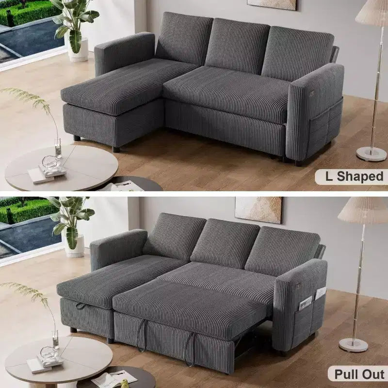 Divano letto estraibile 2 in 1 con penisola contenitore, divano sezionale in velluto a coste con porte USB per soggiorno