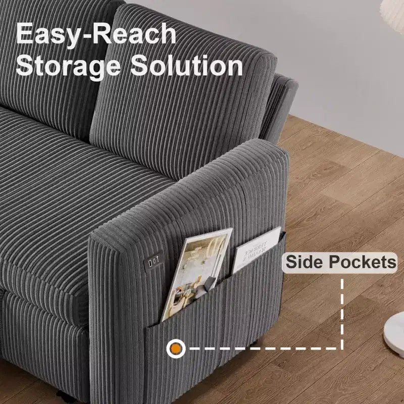 Divano letto estraibile 2 in 1 con penisola contenitore, divano sezionale in velluto a coste con porte USB per soggiorno