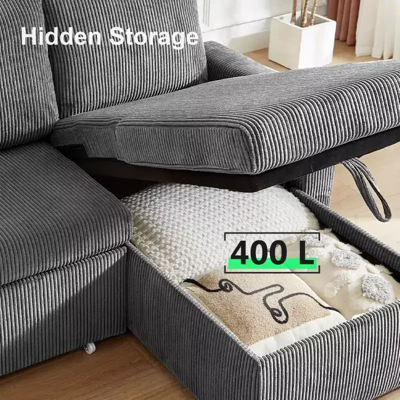Divano letto estraibile 2 in 1 con penisola contenitore, divano sezionale in velluto a coste con porte USB per soggiorno