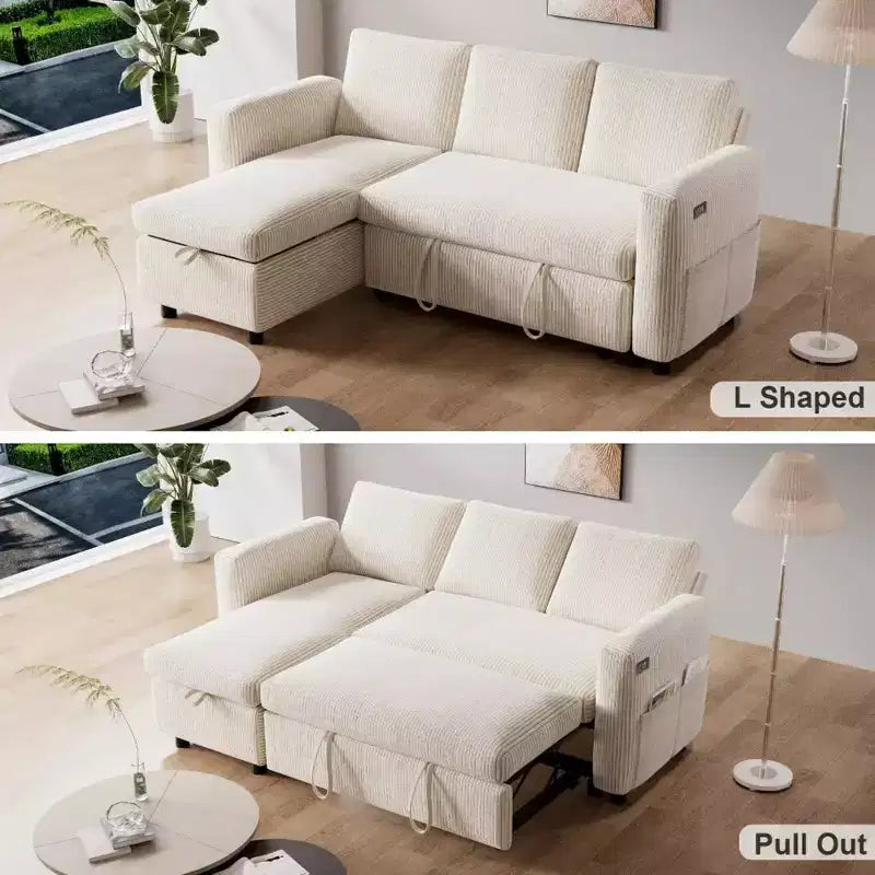Divano letto estraibile 2 in 1 con penisola contenitore, divano sezionale in velluto a coste con porte USB per soggiorno