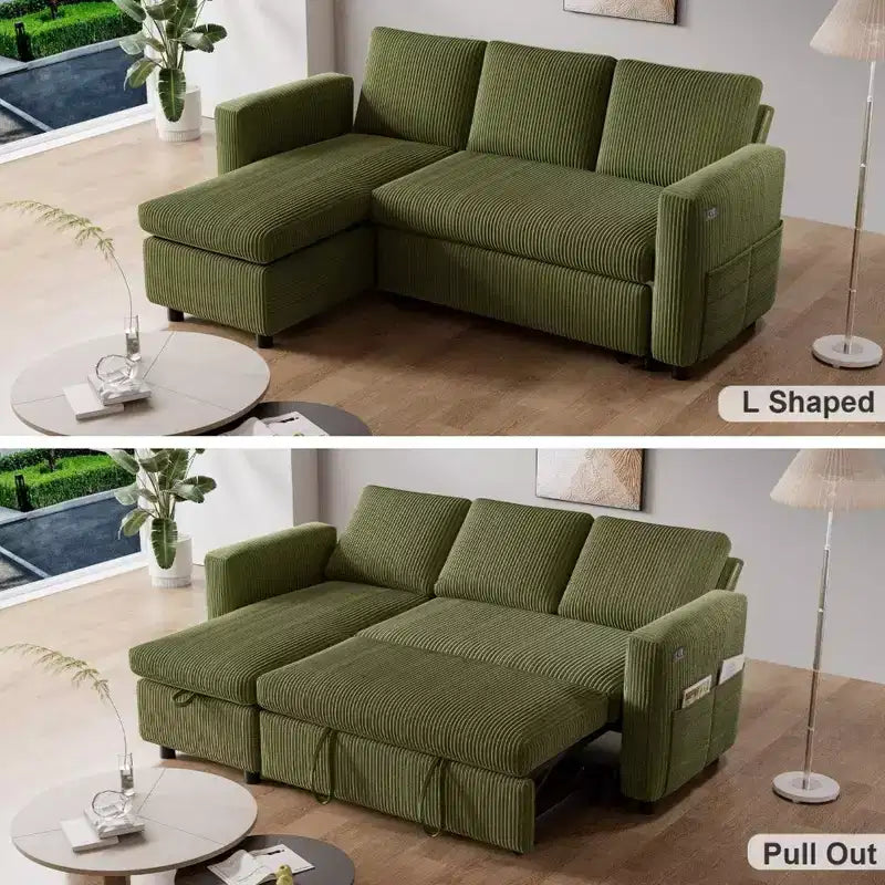 Divano letto estraibile 2 in 1 con penisola contenitore, divano sezionale in velluto a coste con porte USB per soggiorno