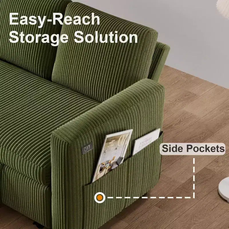 Divano letto estraibile 2 in 1 con penisola contenitore, divano sezionale in velluto a coste con porte USB per soggiorno