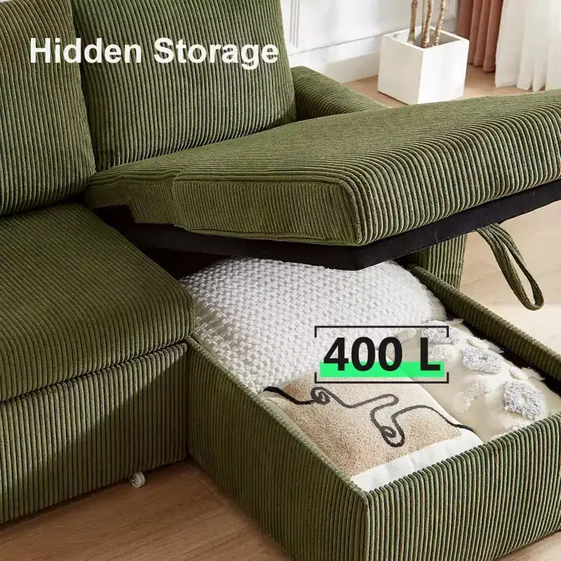 Divano letto estraibile 2 in 1 con penisola contenitore, divano sezionale in velluto a coste con porte USB per soggiorno