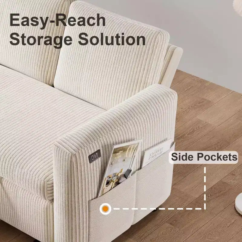 Divano letto estraibile 2 in 1 con penisola contenitore, divano sezionale in velluto a coste con porte USB per soggiorno