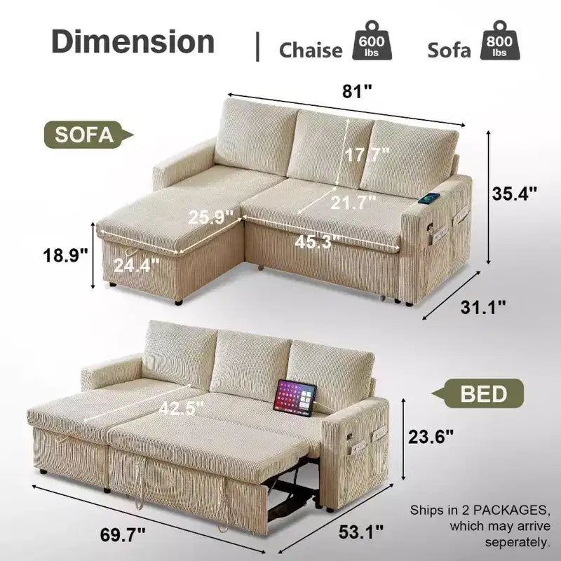 Divano letto estraibile 2 in 1 con penisola contenitore, divano sezionale in velluto a coste con porte USB per soggiorno