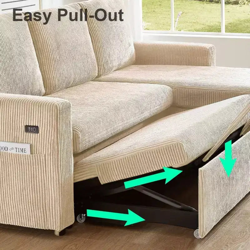 Divano letto estraibile 2 in 1 con penisola contenitore, divano sezionale in velluto a coste con porte USB per soggiorno